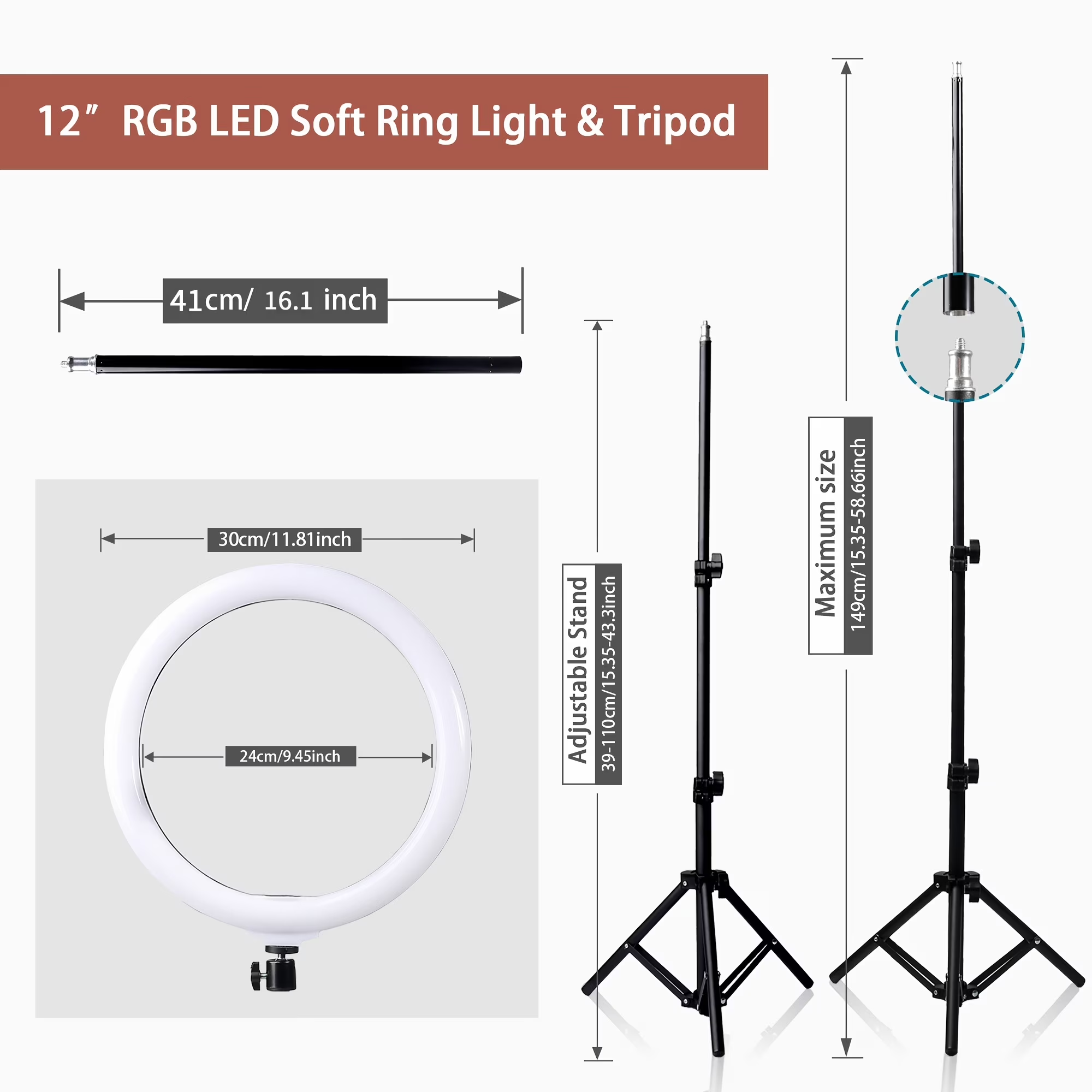 12" RGB LED Ring Light W/63" Tripod & Ext Rod - For Live Stream/Gaming/Photography