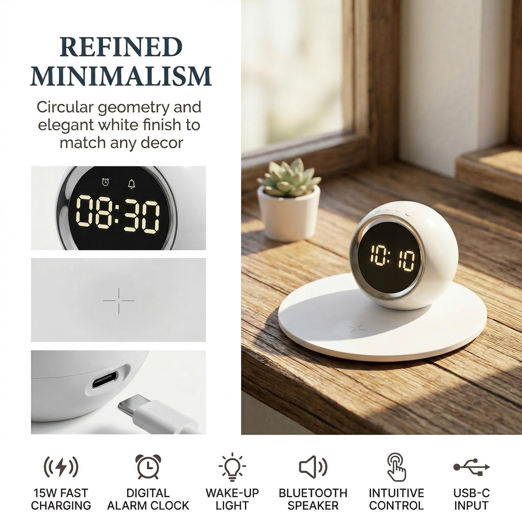 3-in-1 Wireless Charger, Alarm Clock & Night Light. 15W Fast Qi Charging, LED Digital Clock with Snooze, Dimmable Touch Light. Sleek White Design for iPhone/Android