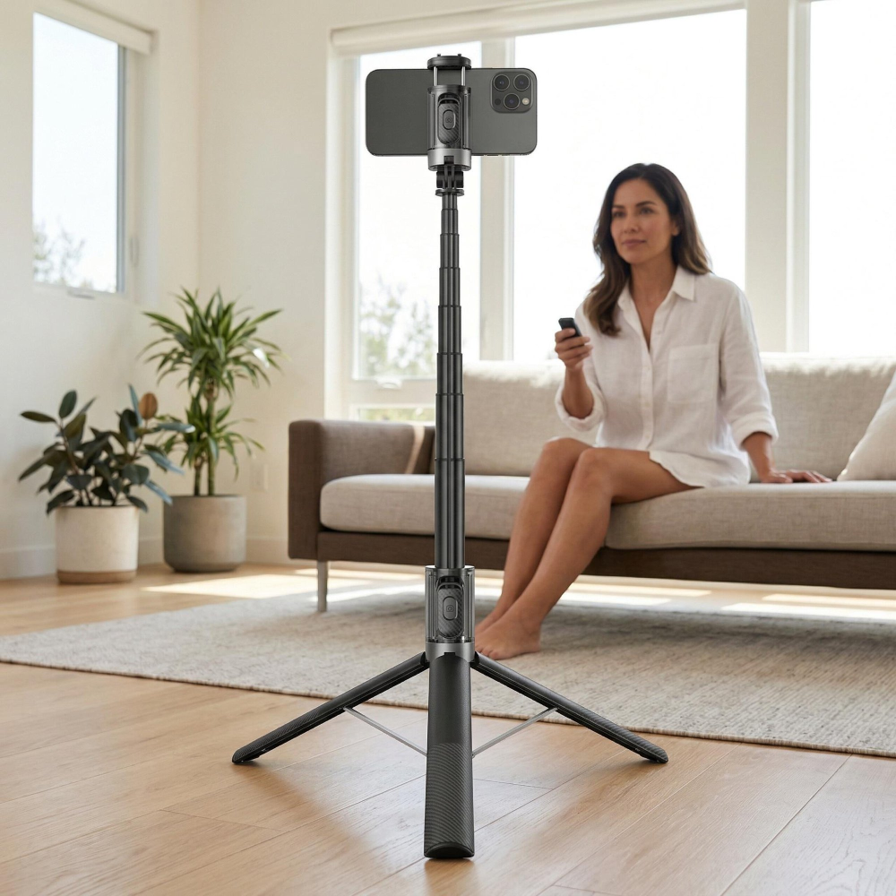 Auto Open Selfie Stick Tripod, 63-inch Extendable with Wireless Remote, 360° Rotation, Portable for Travel Vlog. Compatible with iPhone Android