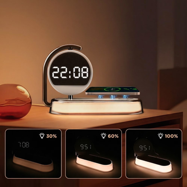 Wireless Charging Alarm Clock: 5-in-1 with 15W Fast Wireless Charger, 360° Rotatable Display, Touch-Dimmable Night Light. USB-C Powered, Safe for Bedroom/Office.
