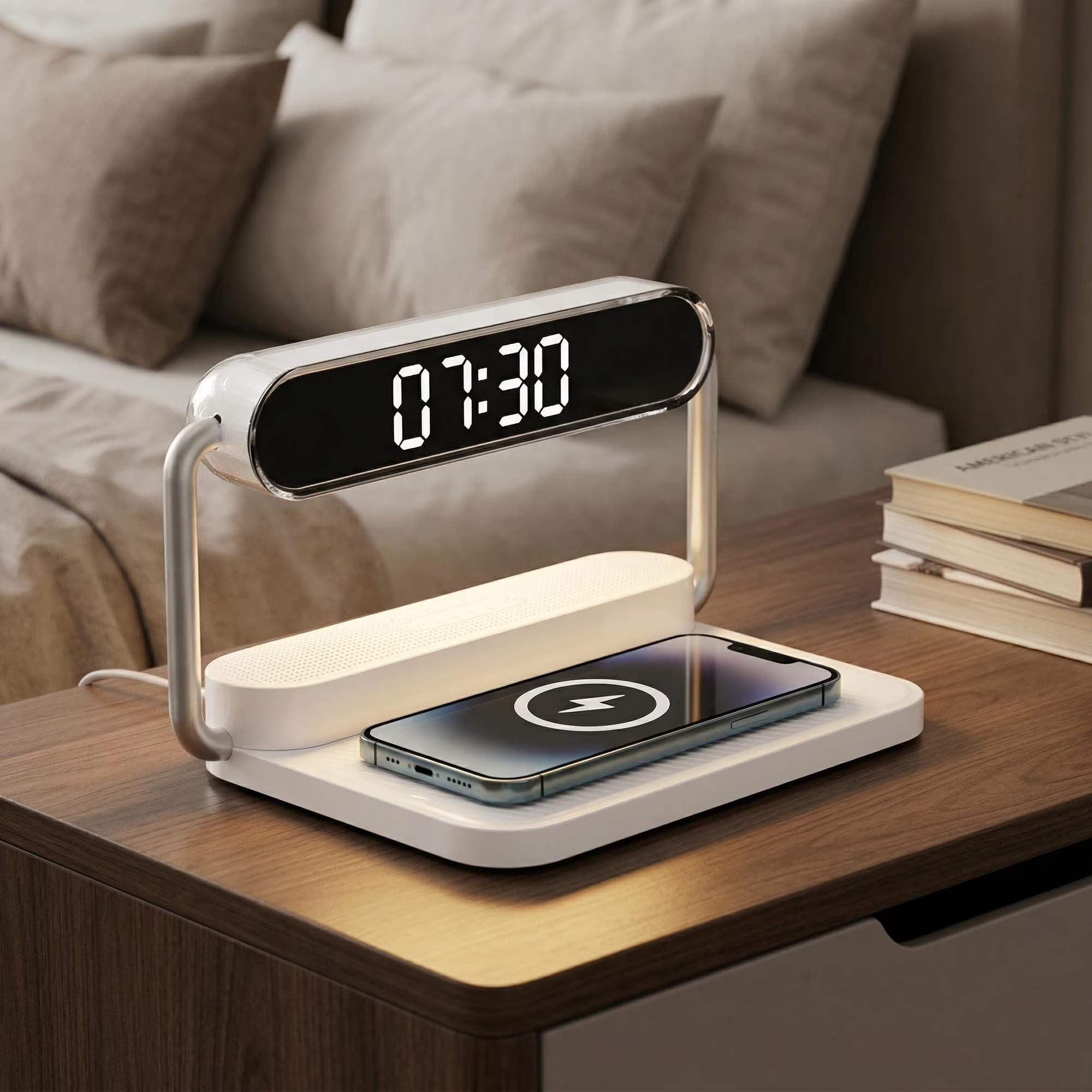 4-in-1 Foldable Wireless Charger: 15W Fast Charging with Alarm Clock, 5.1 Wireless Speaker, RGB Night Light. Qi-Certified, Dual Alarm, Touch-Dimmable. Portable for iPhone, Samsung, AirPods.