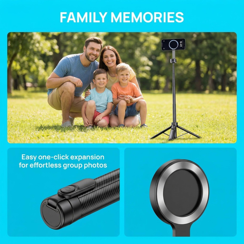 Magnetic Phone Tripod Selfie Stick (52 Inches), 2-in-1 with detachable wireless remote. Ideal for travel, vlogging, live streaming, TikTok, YouTube. Compatible with iPhone and Android.