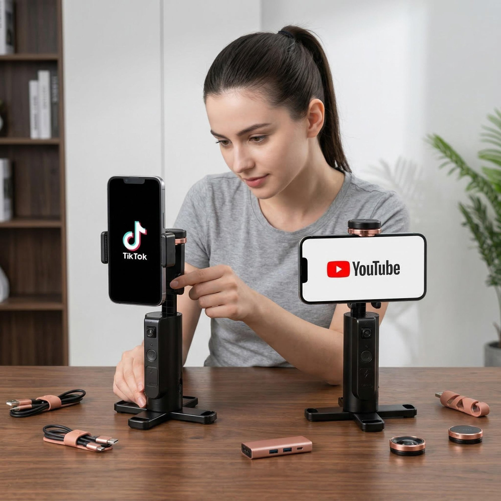 Automatic Face-Tracking Tripod: 360° Rotating Smartphone Mount with AI Tracking & Gesture Control. 1200mAh Battery for Live Streaming, TikTok, Vlogging.