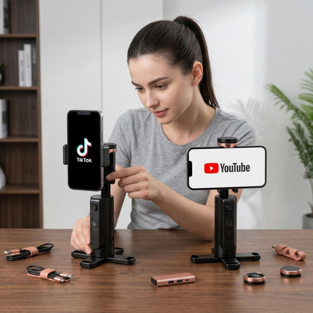 Automatic Face-Tracking Tripod: 360° Rotating Smartphone Mount with AI Tracking & Gesture Control. 1200mAh Battery for Live Streaming, TikTok, Vlogging.