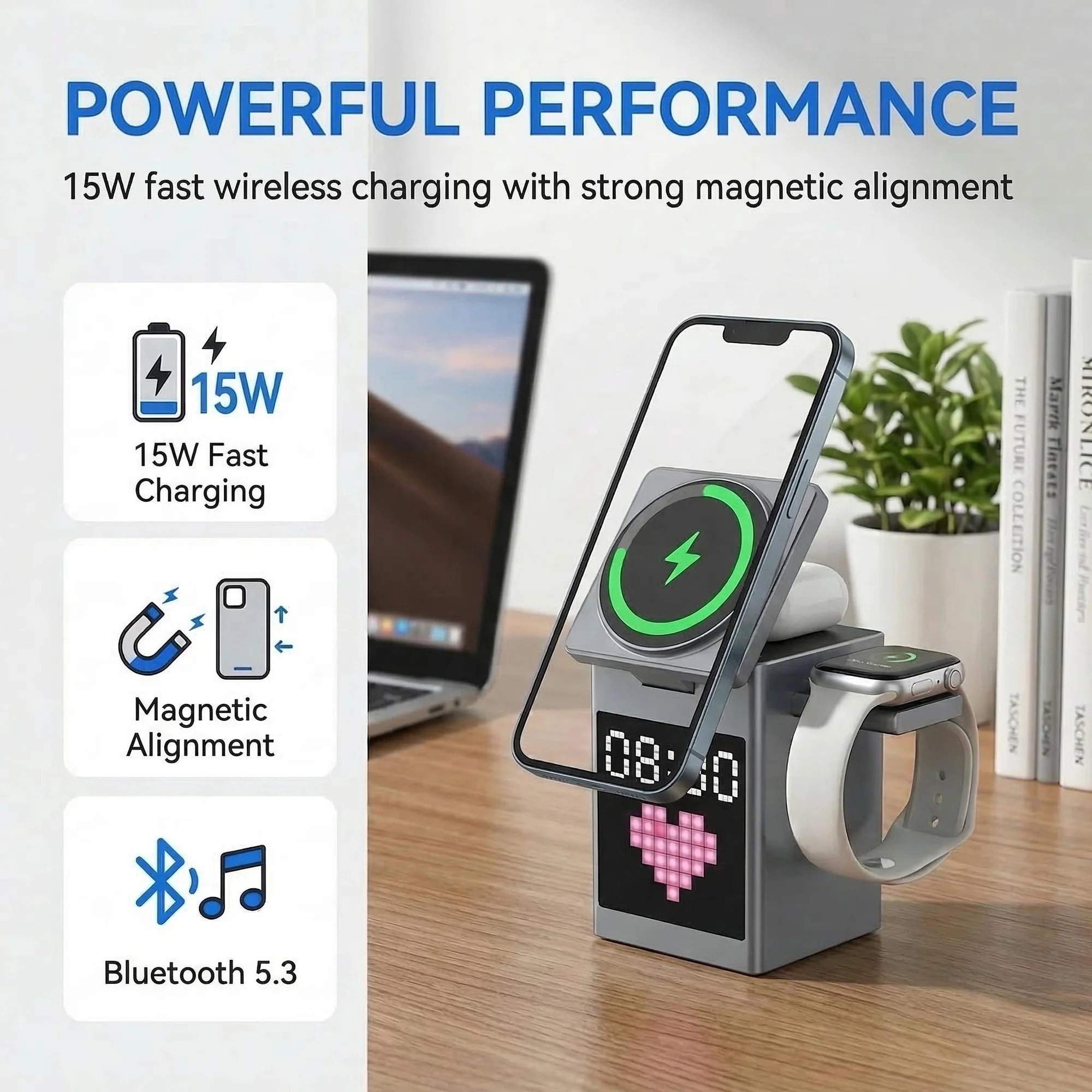 15W 5-in-1 Magnetic Wireless Fast Charging Dock: Multi-Device Charging Station with Alarm Clock, Wireless Speaker, Pixel Display for iPhone/Android