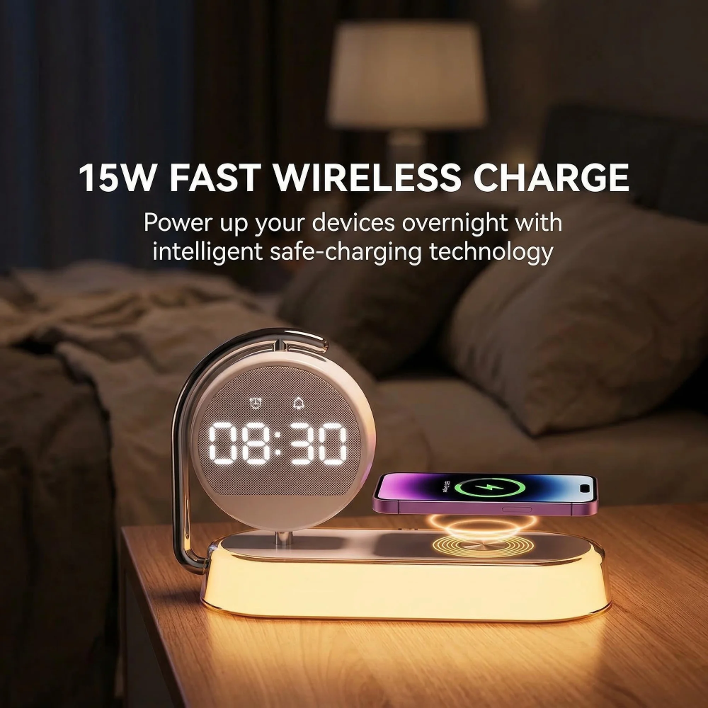 Wireless Charging Alarm Clock: 5-in-1 with 15W Fast Wireless Charger, 360° Rotatable Display, Touch-Dimmable Night Light. USB-C Powered, Safe for Bedroom/Office.