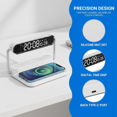 4-in-1 Foldable Wireless Charger: 15W Fast Charging with Alarm Clock, 5.1 Wireless Speaker, RGB Night Light. Qi-Certified, Dual Alarm, Touch-Dimmable. Portable for iPhone, Samsung, AirPods.