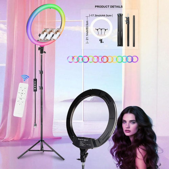 18 inch Ring Light with Stand, Large Ring Light for iPhone, 3 Clips/USB Ports,2700-6500K with Tripod for Tattoo Lash Barber Makeup Photography Lighting
