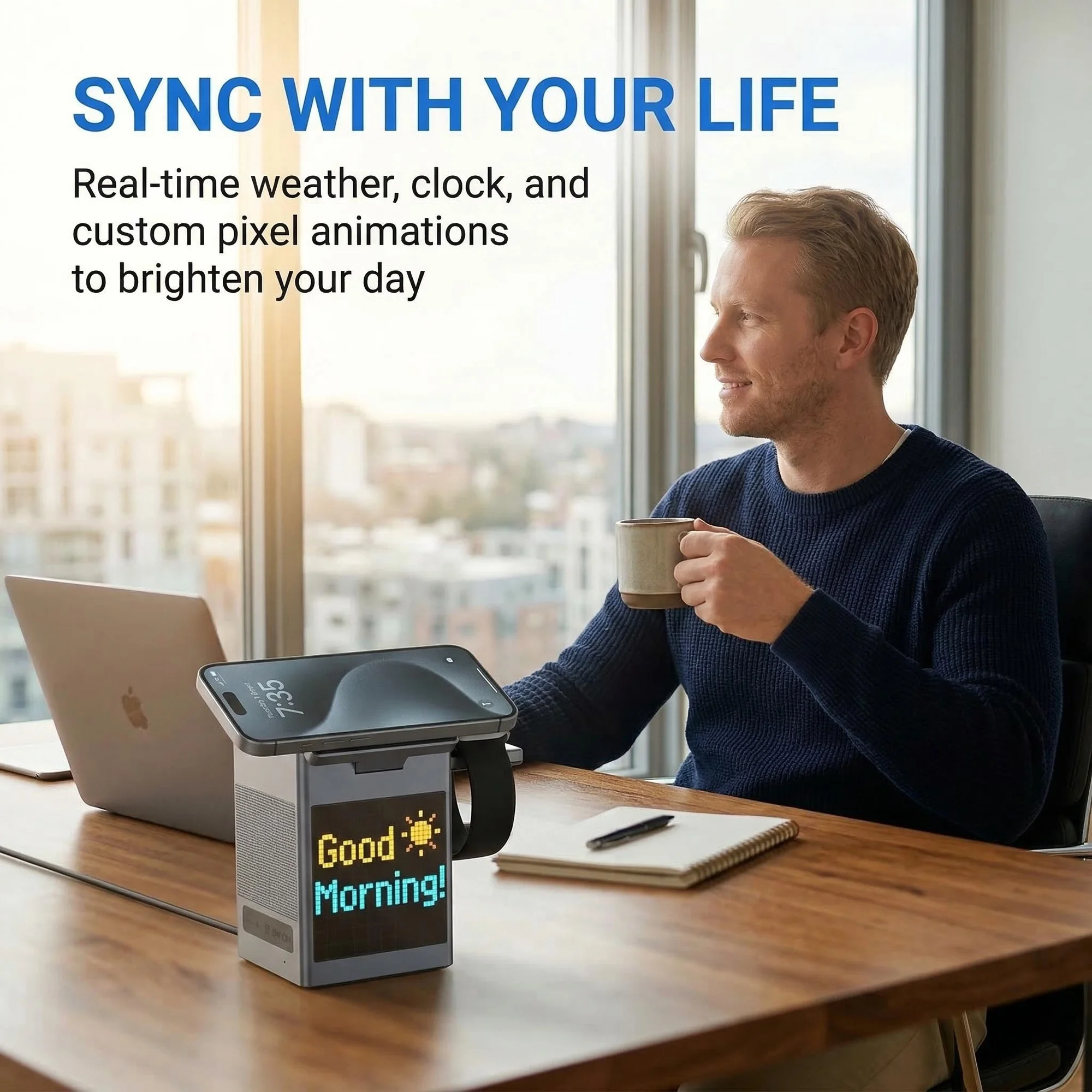 15W 5-in-1 Magnetic Wireless Fast Charging Dock: Multi-Device Charging Station with Alarm Clock, Wireless Speaker, Pixel Display for iPhone/Android