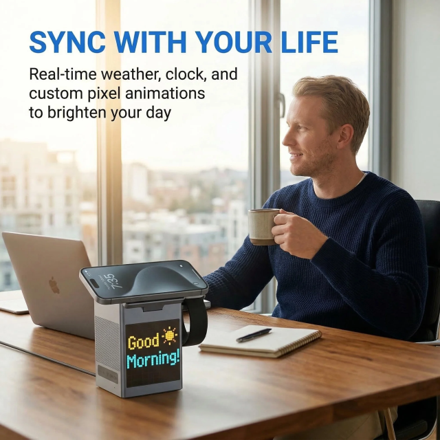 15W 5-in-1 Magnetic Wireless Fast Charging Dock: Multi-Device Charging Station with Alarm Clock, Wireless Speaker, Pixel Display for iPhone/Android