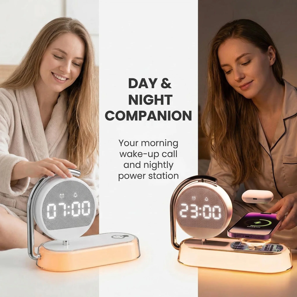 Wireless Charging Alarm Clock: 5-in-1 with 15W Fast Wireless Charger, 360° Rotatable Display, Touch-Dimmable Night Light. USB-C Powered, Safe for Bedroom/Office.