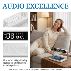 4-in-1 Foldable Wireless Charger: 15W Fast Charging with Alarm Clock, 5.1 Wireless Speaker, RGB Night Light. Qi-Certified, Dual Alarm, Touch-Dimmable. Portable for iPhone, Samsung, AirPods.