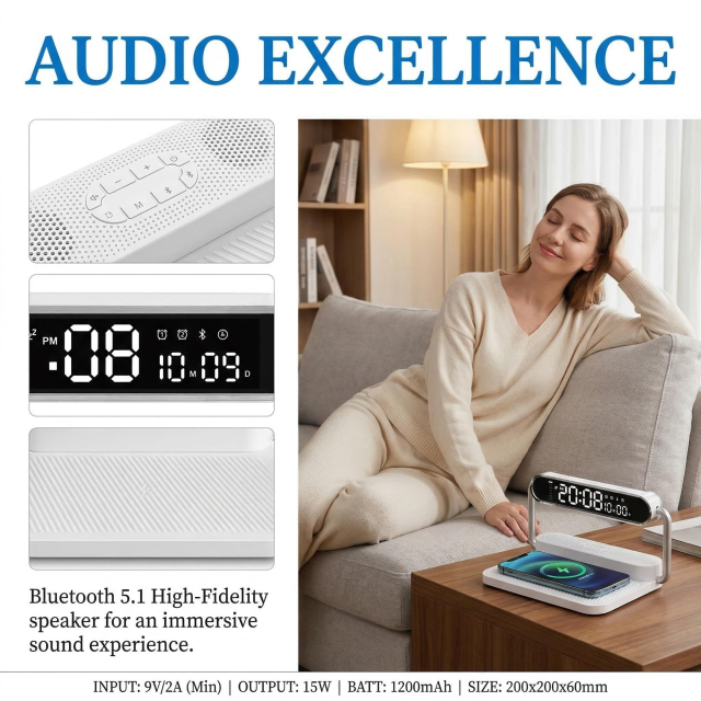 4-in-1 Foldable Wireless Charger: 15W Fast Charging with Alarm Clock, 5.1 Wireless Speaker, RGB Night Light. Qi-Certified, Dual Alarm, Touch-Dimmable. Portable for iPhone, Samsung, AirPods.