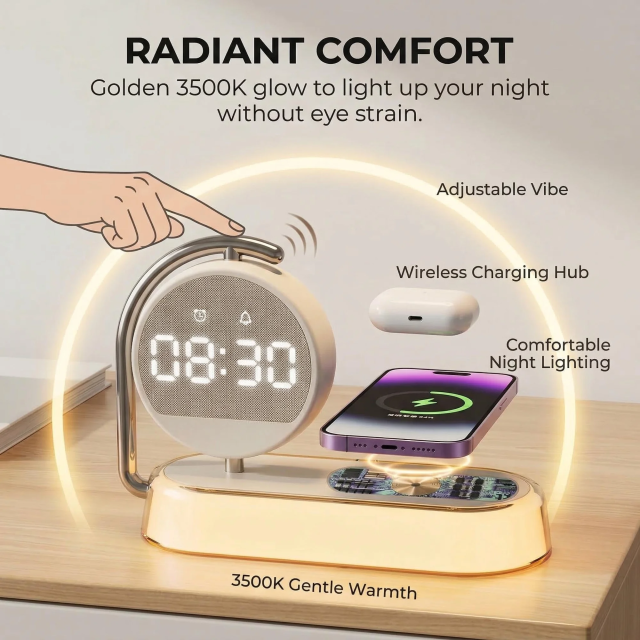 Wireless Charging Alarm Clock: 5-in-1 with 15W Fast Wireless Charger, 360° Rotatable Display, Touch-Dimmable Night Light. USB-C Powered, Safe for Bedroom/Office.