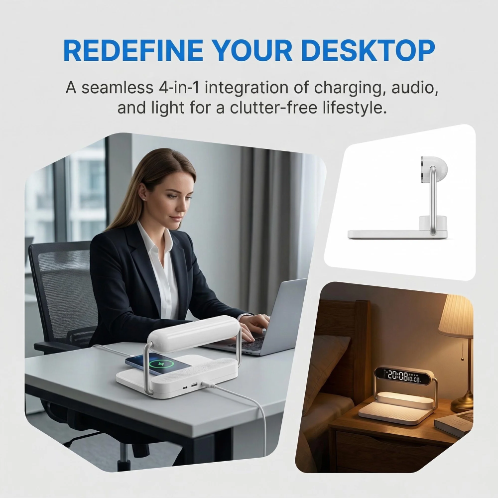 4-in-1 Foldable Wireless Charger: 15W Fast Charging with Alarm Clock, 5.1 Wireless Speaker, RGB Night Light. Qi-Certified, Dual Alarm, Touch-Dimmable. Portable for iPhone, Samsung, AirPods.