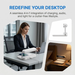 4-in-1 Foldable Wireless Charger: 15W Fast Charging with Alarm Clock, 5.1 Wireless Speaker, RGB Night Light. Qi-Certified, Dual Alarm, Touch-Dimmable. Portable for iPhone, Samsung, AirPods.