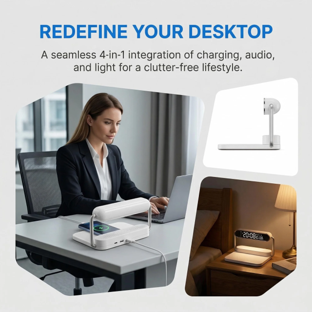 4-in-1 Foldable Wireless Charger: 15W Fast Charging with Alarm Clock, 5.1 Wireless Speaker, RGB Night Light. Qi-Certified, Dual Alarm, Touch-Dimmable. Portable for iPhone, Samsung, AirPods.