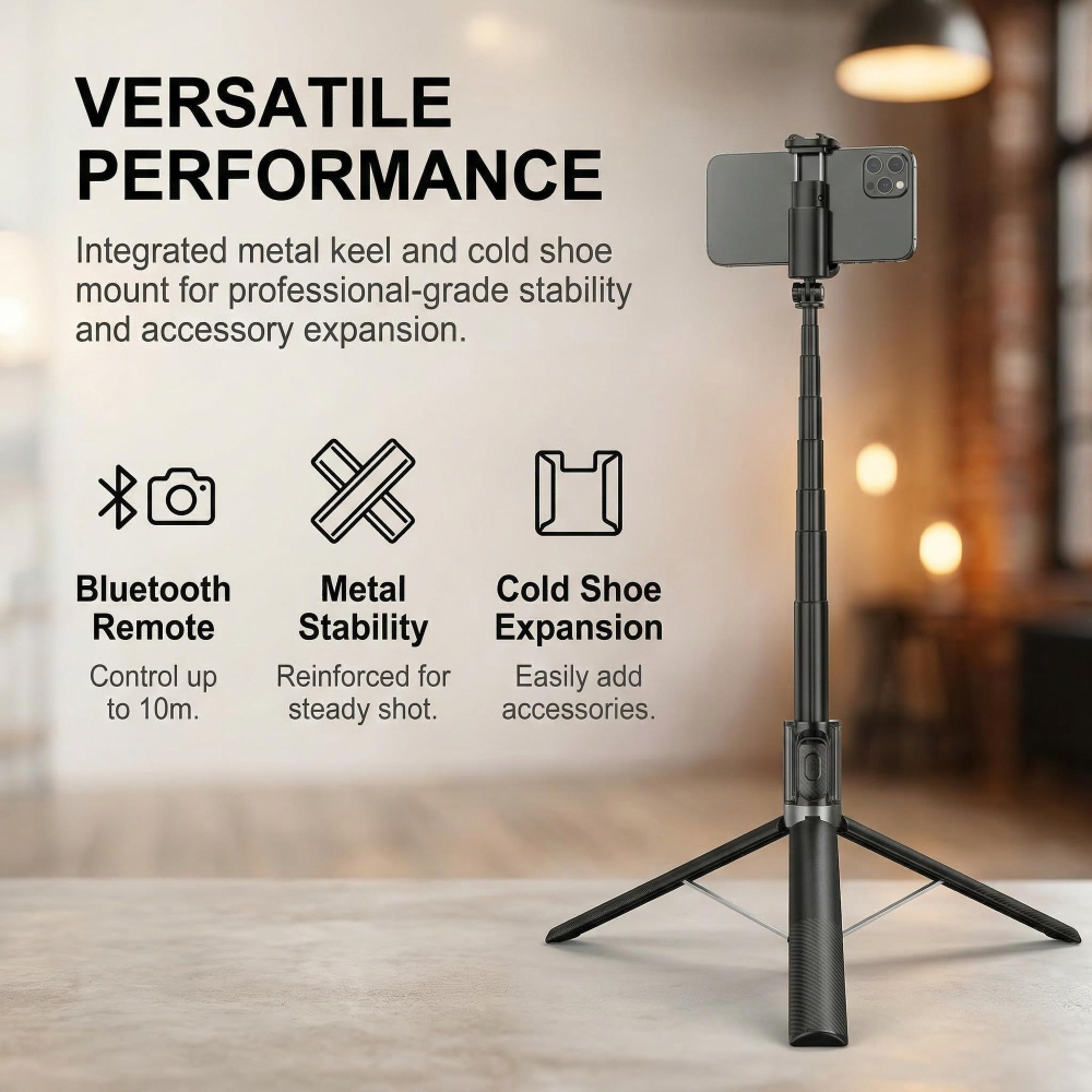 Auto Open Selfie Stick Tripod, 63-inch Extendable with Wireless Remote, 360° Rotation, Portable for Travel Vlog. Compatible with iPhone Android