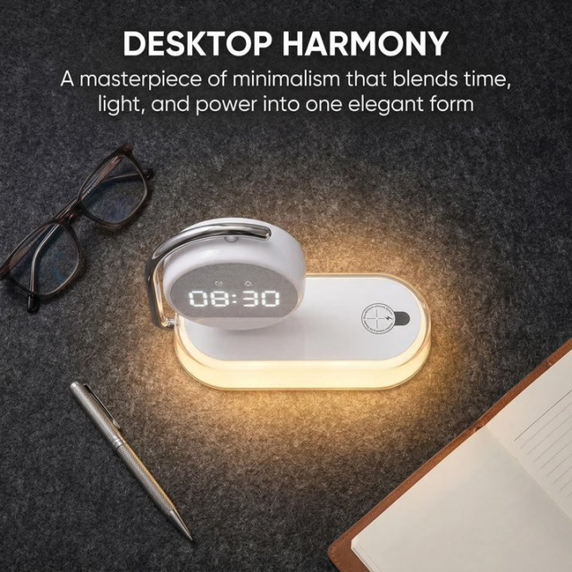 Wireless Charging Alarm Clock: 5-in-1 with 15W Fast Wireless Charger, 360° Rotatable Display, Touch-Dimmable Night Light. USB-C Powered, Safe for Bedroom/Office.