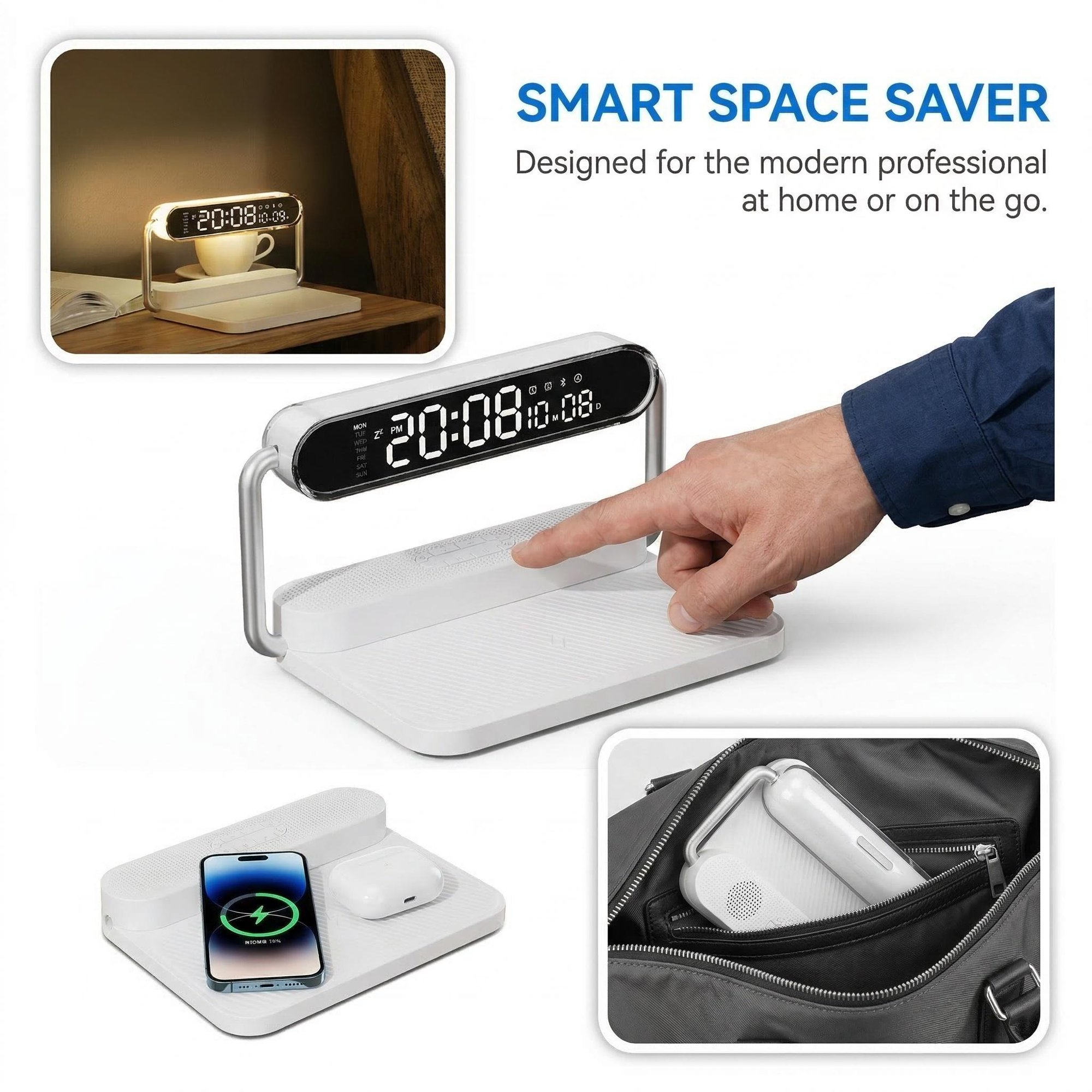 4-in-1 Foldable Wireless Charger: 15W Fast Charging with Alarm Clock, 5.1 Wireless Speaker, RGB Night Light. Qi-Certified, Dual Alarm, Touch-Dimmable. Portable for iPhone, Samsung, AirPods.