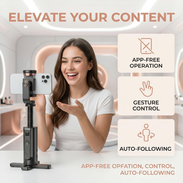 Automatic Face-Tracking Tripod: 360° Rotating Smartphone Mount with AI Tracking & Gesture Control. 1200mAh Battery for Live Streaming, TikTok, Vlogging.