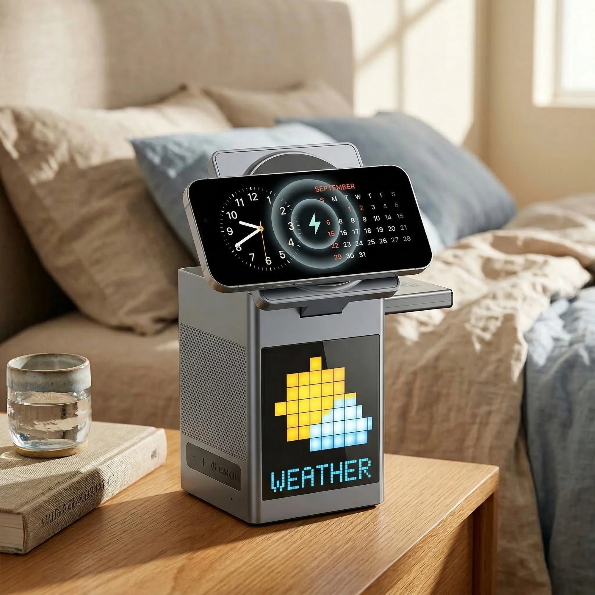 15W 5-in-1 Magnetic Wireless Fast Charging Dock: Multi-Device Charging Station with Alarm Clock, Wireless Speaker, Pixel Display for iPhone/Android