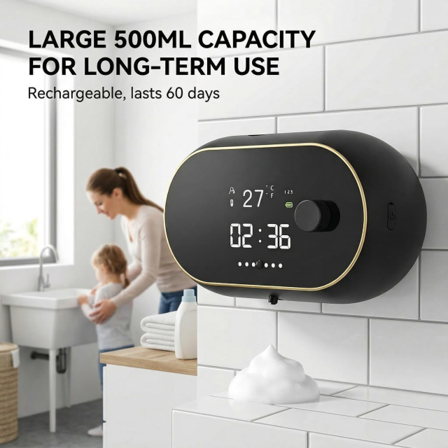 Touchless Smart Soap Dispenser, 500ML Rechargeable with Infrared Sensor, 3 Adjustable Soap Levels, LED Display. Wall Mountable for Bathroom Kitchen Office