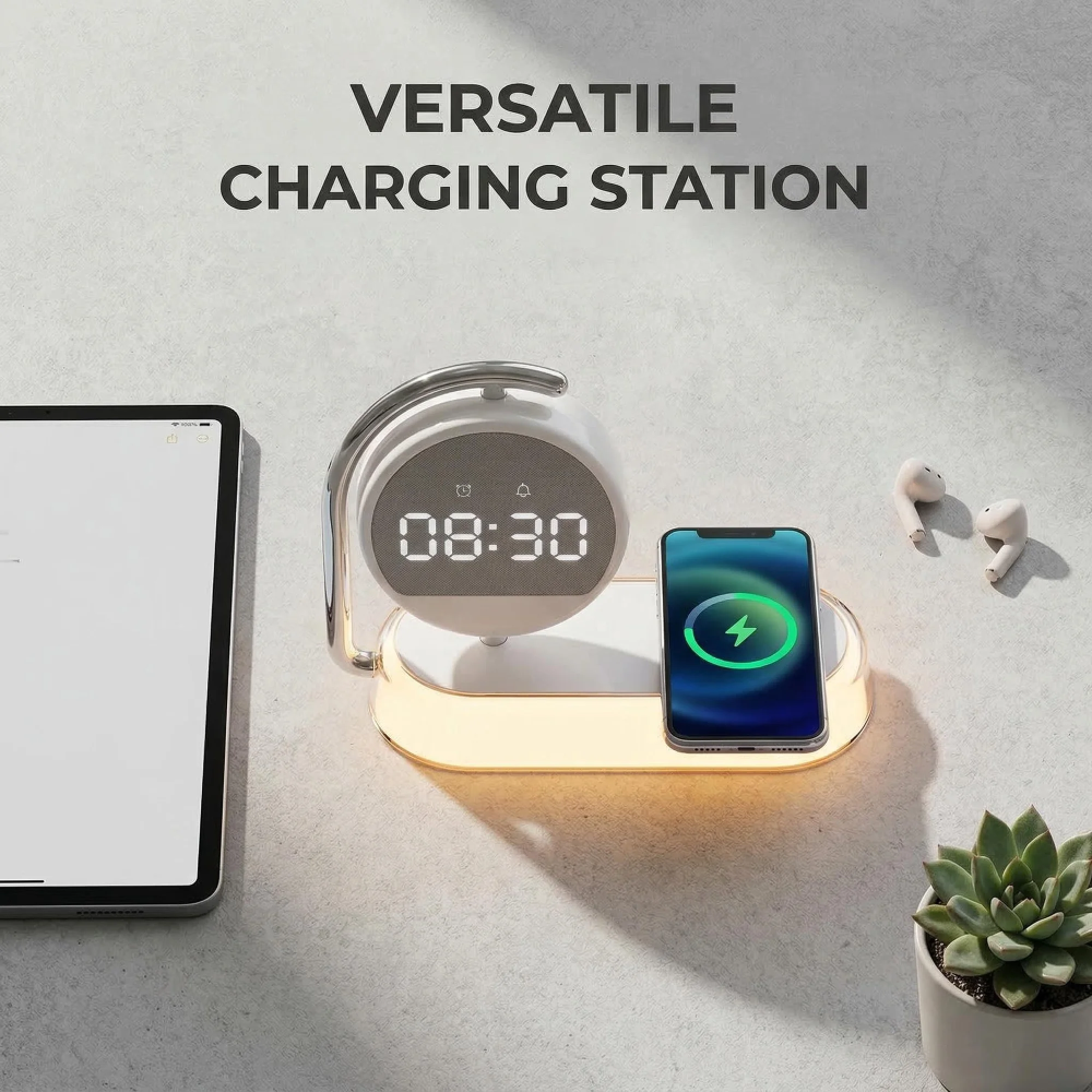 Wireless Charging Alarm Clock: 5-in-1 with 15W Fast Wireless Charger, 360° Rotatable Display, Touch-Dimmable Night Light. USB-C Powered, Safe for Bedroom/Office.