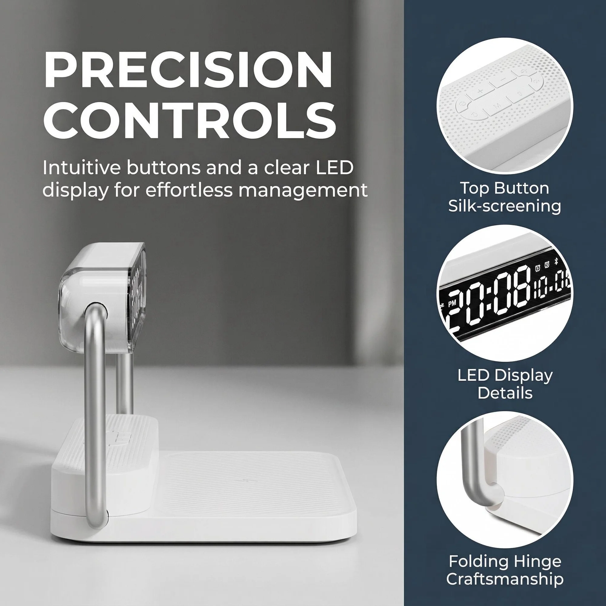 4-in-1 Foldable Wireless Charger: 15W Fast Charging with Alarm Clock, 5.1 Wireless Speaker, RGB Night Light. Qi-Certified, Dual Alarm, Touch-Dimmable. Portable for iPhone, Samsung, AirPods.