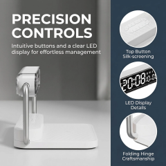 4-in-1 Foldable Wireless Charger: 15W Fast Charging with Alarm Clock, 5.1 Wireless Speaker, RGB Night Light. Qi-Certified, Dual Alarm, Touch-Dimmable. Portable for iPhone, Samsung, AirPods.