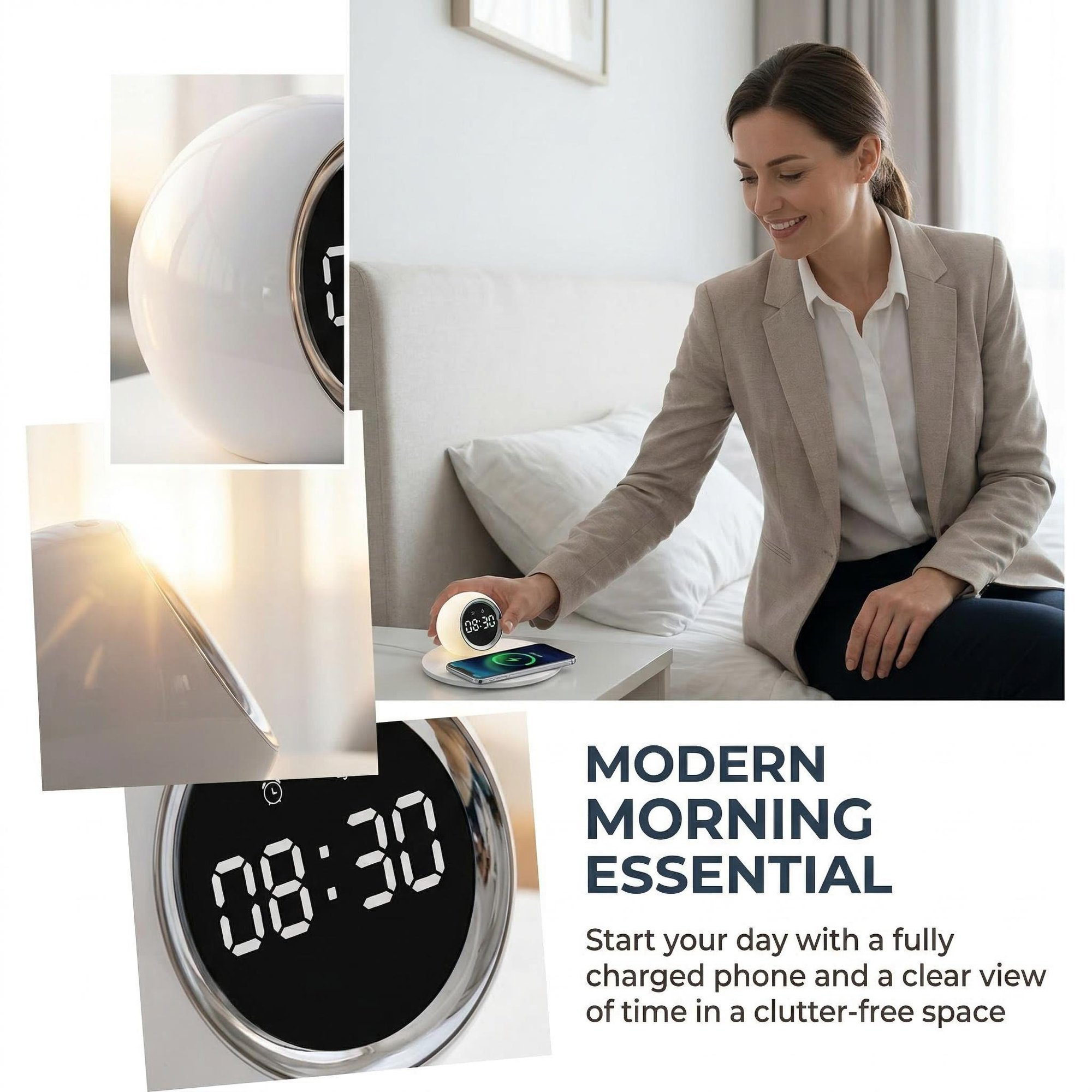 3-in-1 Wireless Charger, Alarm Clock & Night Light. 15W Fast Qi Charging, LED Digital Clock with Snooze, Dimmable Touch Light. Sleek White Design for iPhone/Android