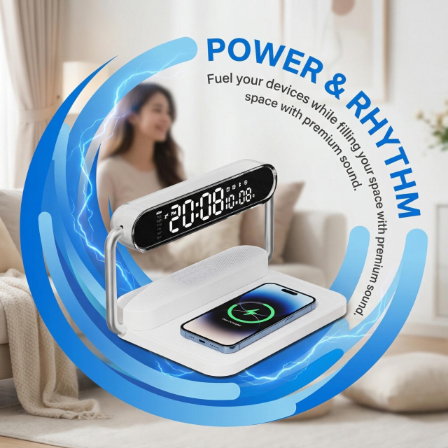 4-in-1 Foldable Wireless Charger: 15W Fast Charging with Alarm Clock, 5.1 Wireless Speaker, RGB Night Light. Qi-Certified, Dual Alarm, Touch-Dimmable. Portable for iPhone, Samsung, AirPods.
