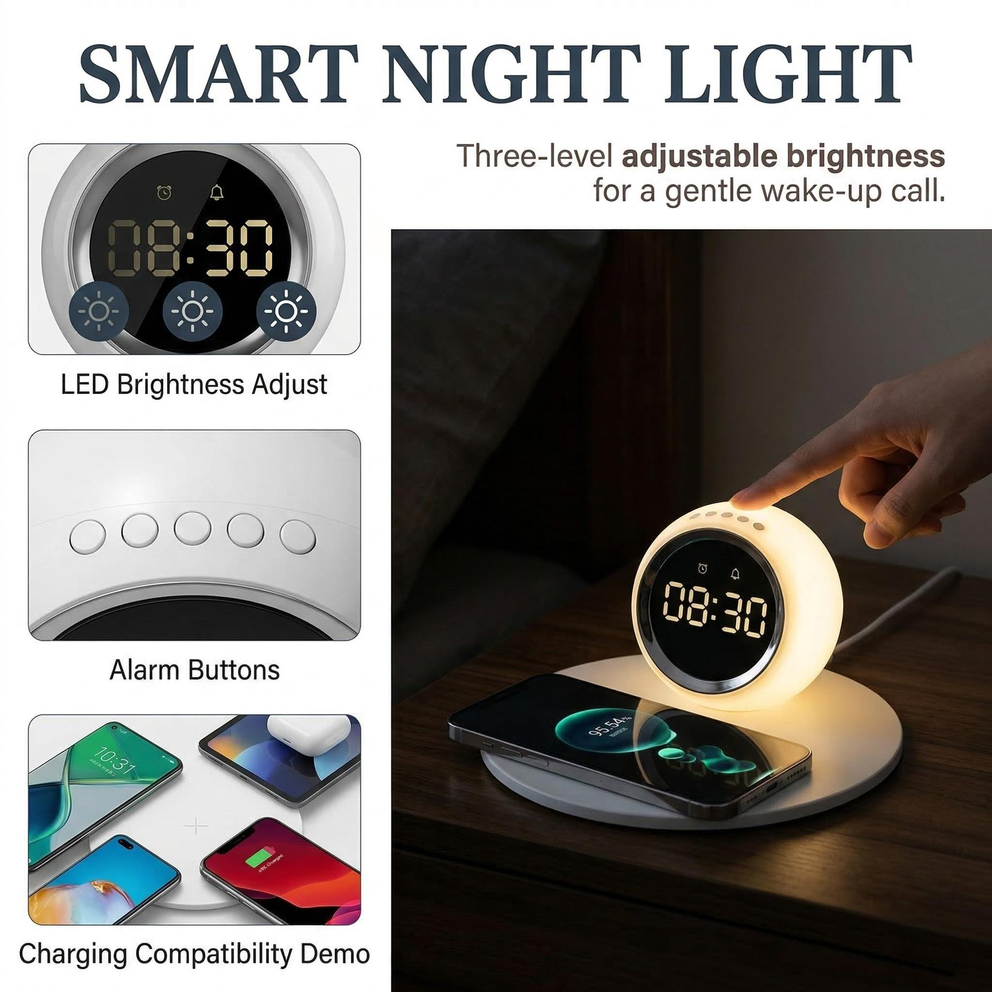 3-in-1 Wireless Charger, Alarm Clock & Night Light. 15W Fast Qi Charging, LED Digital Clock with Snooze, Dimmable Touch Light. Sleek White Design for iPhone/Android