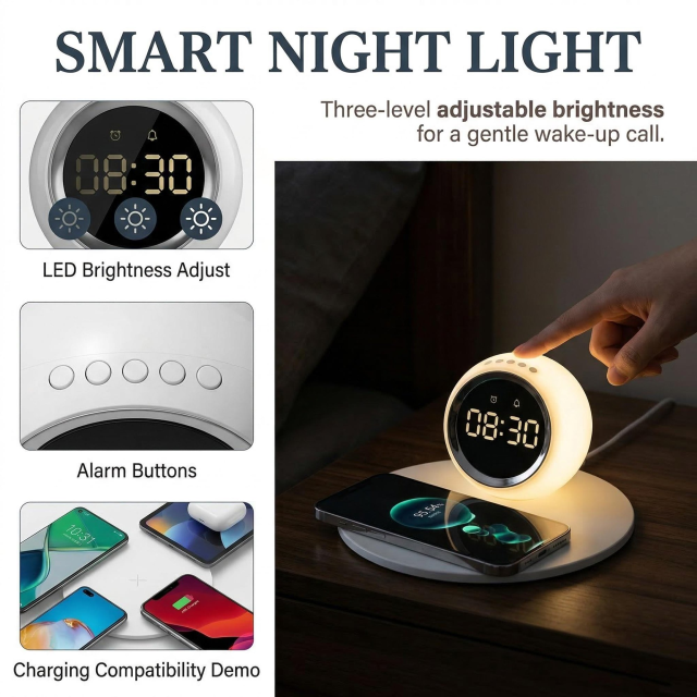 3-in-1 Wireless Charger, Alarm Clock & Night Light. 15W Fast Qi Charging, LED Digital Clock with Snooze, Dimmable Touch Light. Sleek White Design for iPhone/Android