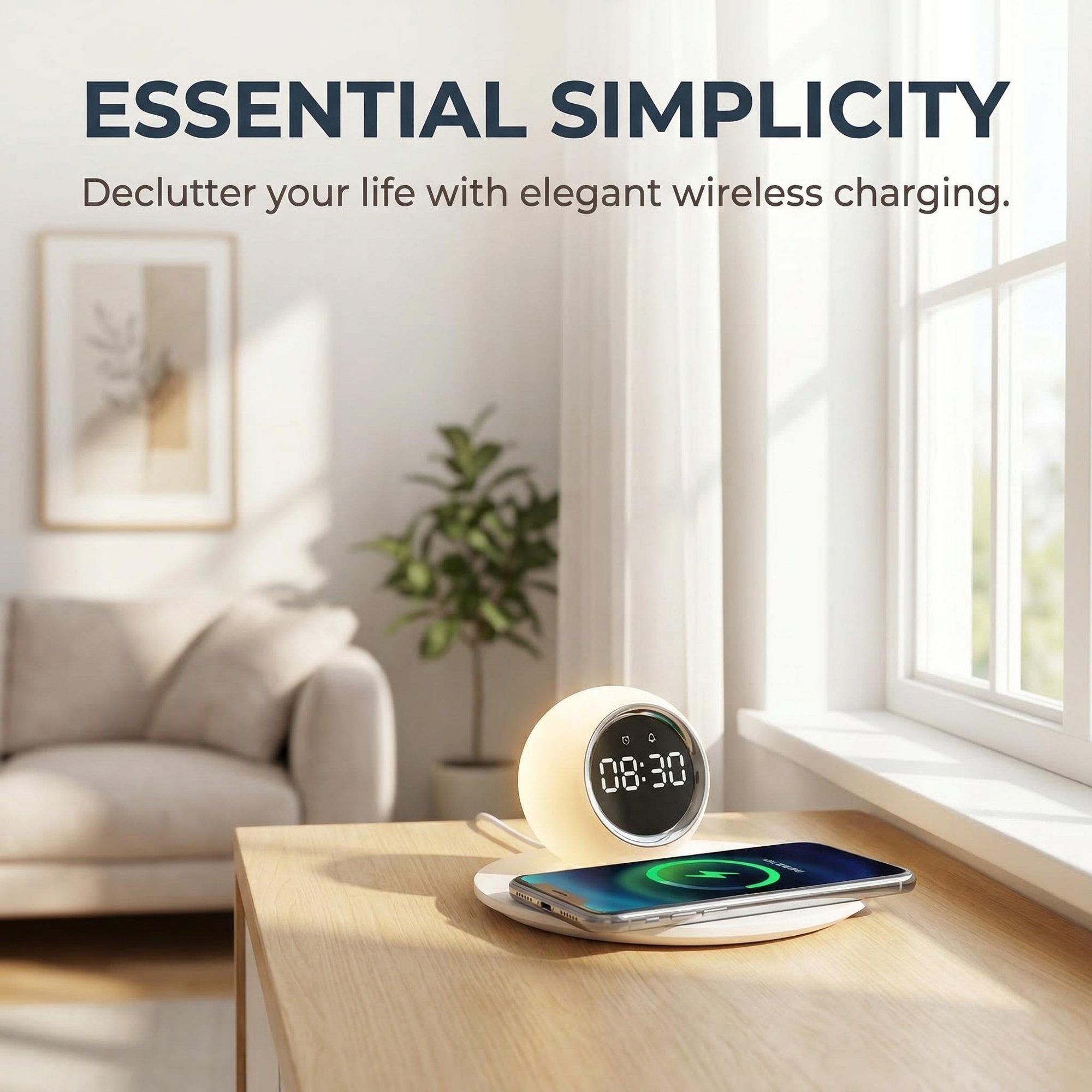 3-in-1 Wireless Charger, Alarm Clock & Night Light. 15W Fast Qi Charging, LED Digital Clock with Snooze, Dimmable Touch Light. Sleek White Design for iPhone/Android