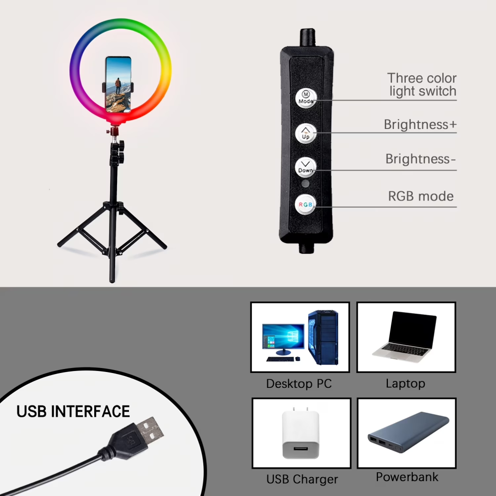 12" RGB LED Ring Light W/63" Tripod & Ext Rod - For Live Stream/Gaming/Photography