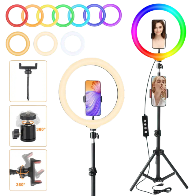 12" RGB LED Ring Light W/63" Tripod & Ext Rod - For Live Stream/Gaming/Photography