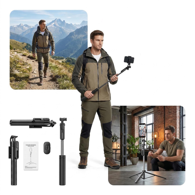 All-in-One Extendable Phone Tripod, 1.8m with Wireless Remote, for Video Recording, Live Streaming, TikTok. Compatible with iPhone 15-12 & Android.