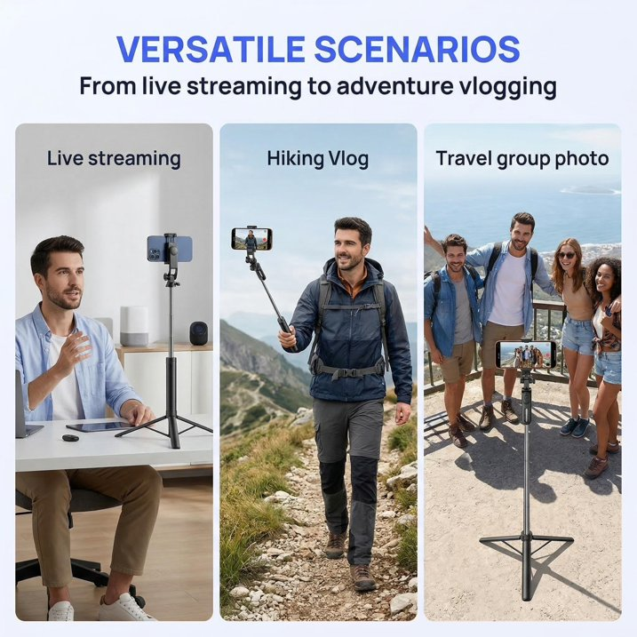All-in-One Extendable Phone Tripod, 1.8m with Wireless Remote, for Video Recording, Live Streaming, TikTok. Compatible with iPhone 15-12 & Android.