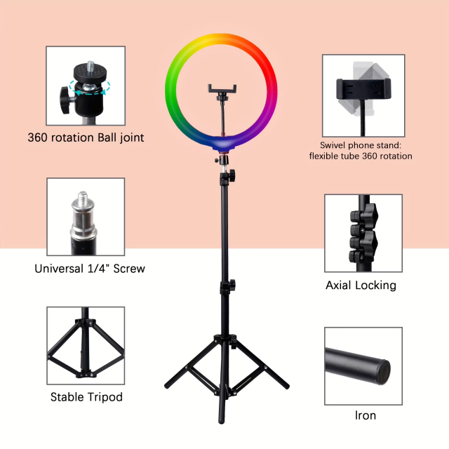 12" RGB LED Ring Light W/63" Tripod & Ext Rod - For Live Stream/Gaming/Photography