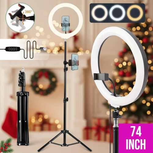 ZOMEI 12“ Dimmable Adjustable Ring Light with 74” Retractable Tripod Stand - 3 Color Modes LED Circle Light for TikTok Live Stream/Video Recording/Beauty Makeup, Universal Phone Compatible