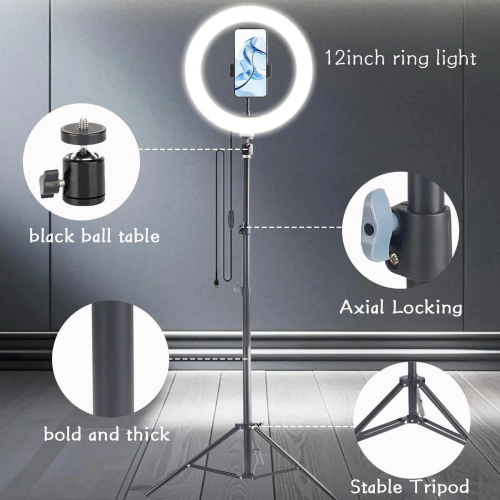 ZOMEI 12“ Dimmable Adjustable Ring Light with 74” Retractable Tripod Stand - 3 Color Modes LED Circle Light for TikTok Live Stream/Video Recording/Beauty Makeup, Universal Phone Compatible