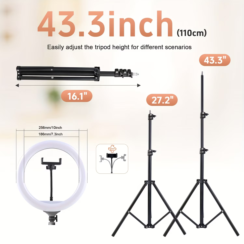 ZOMEI 10-inch Ring Light  43.3"  Extendable Tripod with Phone Holder, for YouTube/TikTok, Compatible iPhone Android Camera, Dimmable