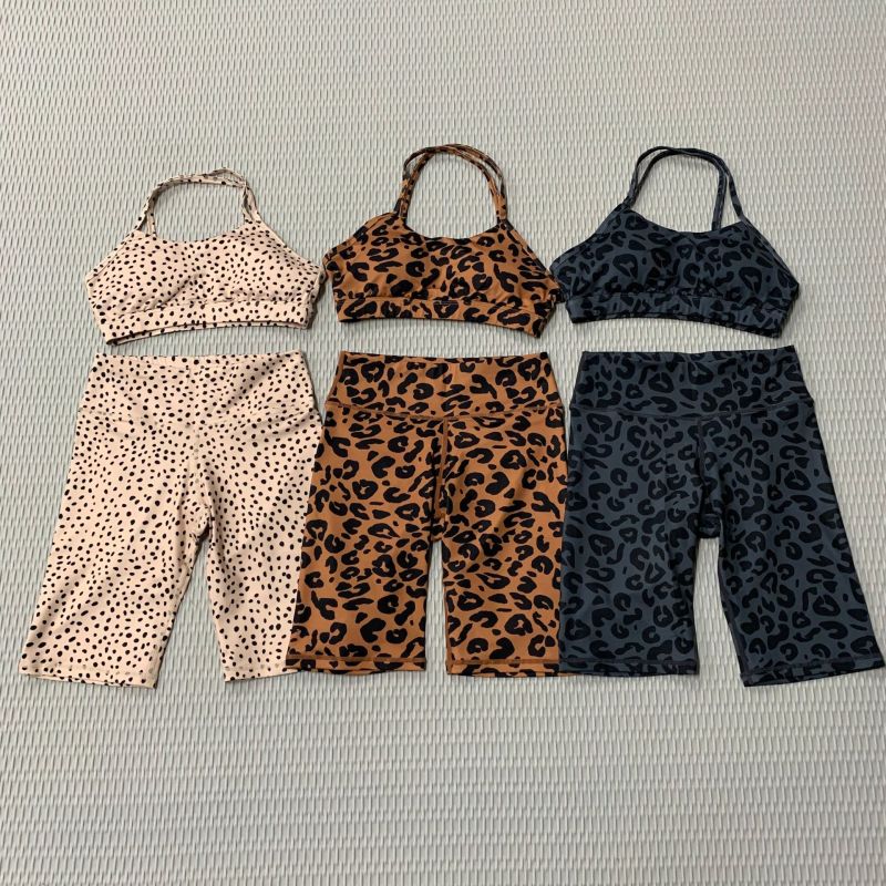 Plus size Leopard Print Crop Sports Bra High Waist Biker Shorts Two Piece cross back Women Yoga Sets