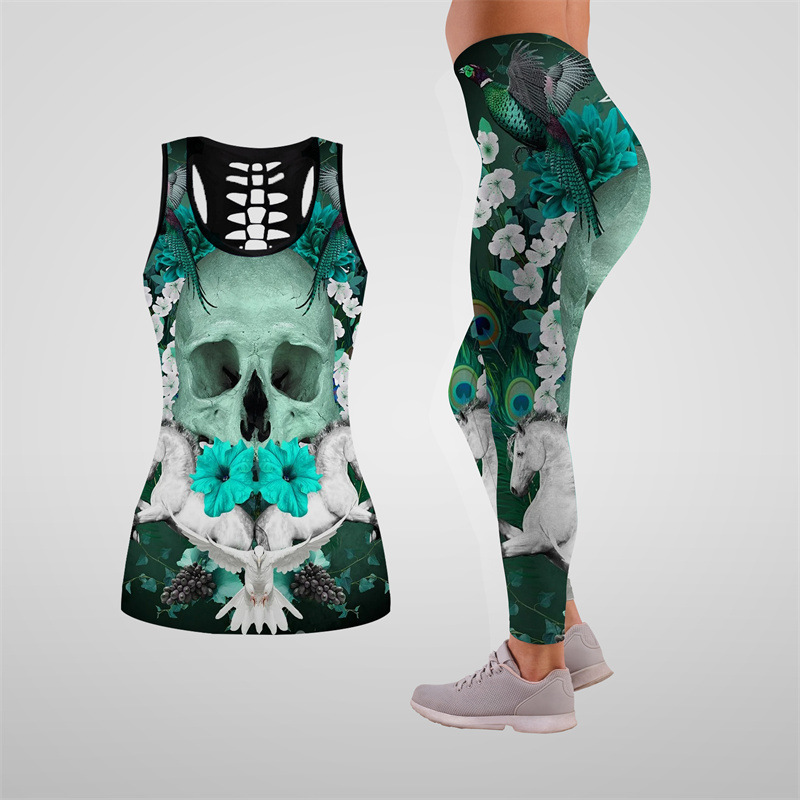 Ladies personality skull 3d digital printing hollow vest leggings sports yoga suit two-piece set