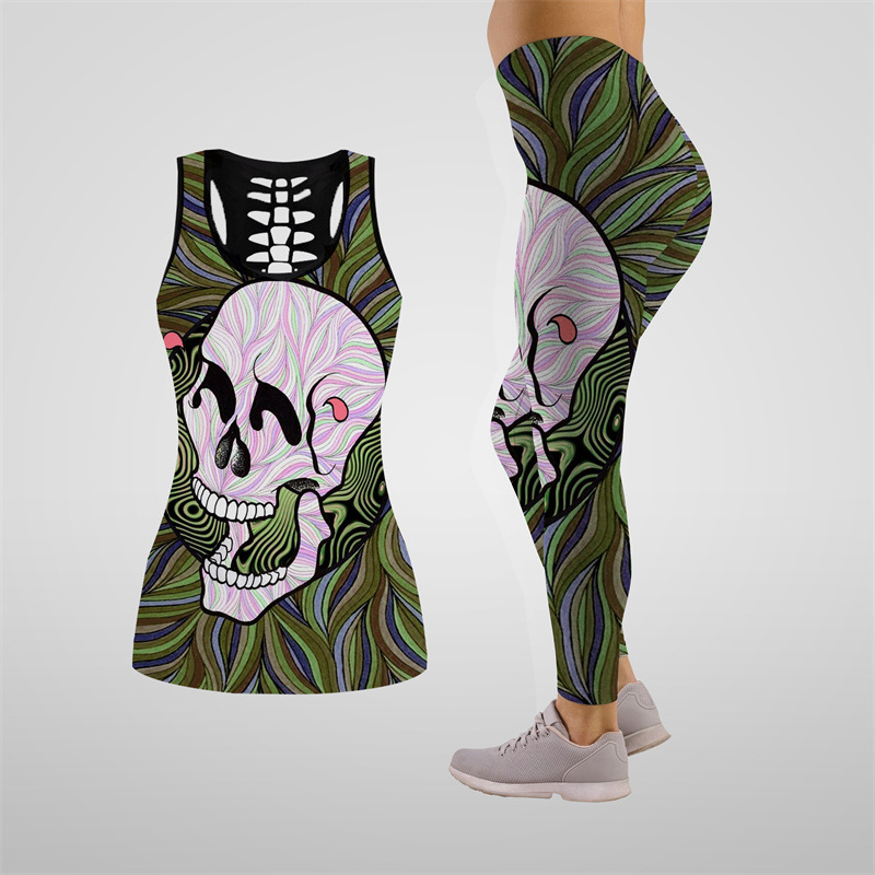 Ladies personality skull 3d digital printing hollow vest leggings sports yoga suit two-piece set