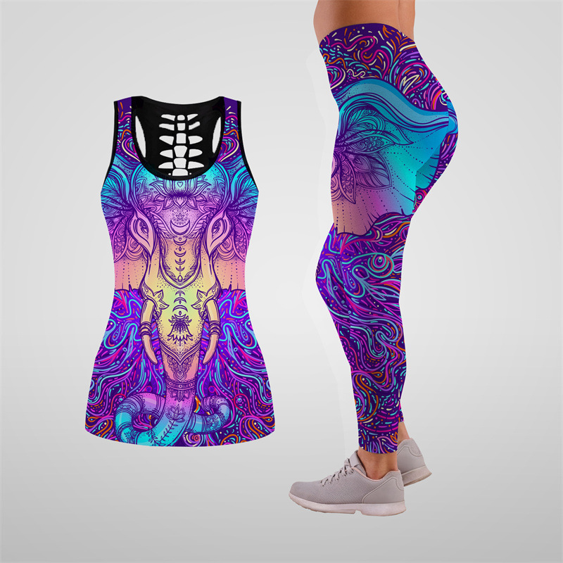 Ladies personality skull 3d digital printing hollow vest leggings sports yoga suit two-piece set