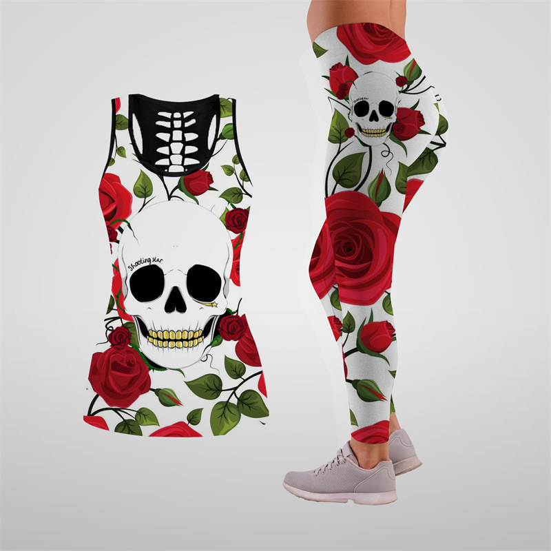 Ladies personality skull 3d digital printing hollow vest leggings sports yoga suit two-piece set