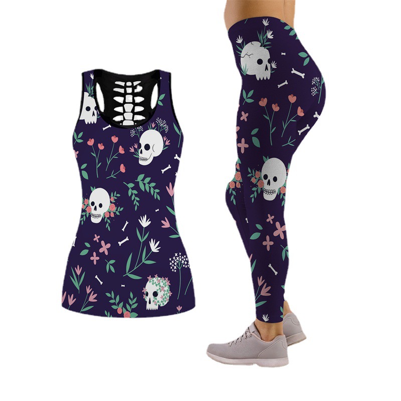 Ladies personality skull 3d digital printing hollow vest leggings sports yoga suit two-piece set