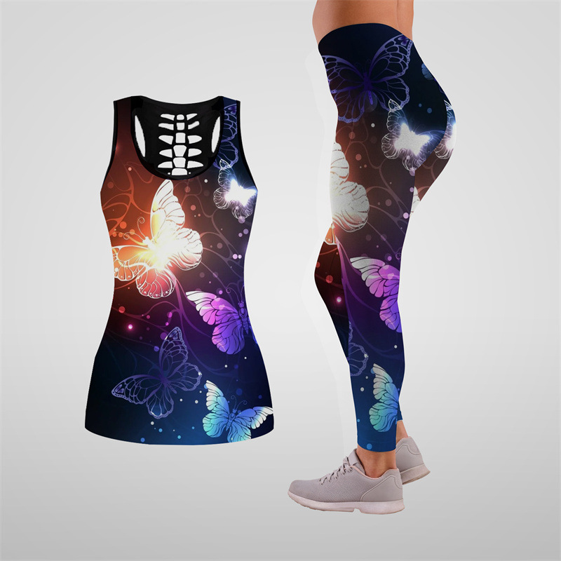 Ladies personality skull 3d digital printing hollow vest leggings sports yoga suit two-piece set